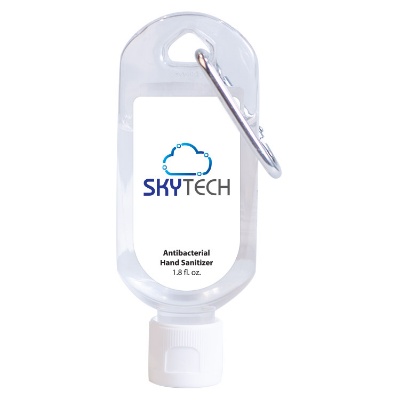 Plastic white 1.8 ounce hand sanitizer with carabiner with a custom imprint.